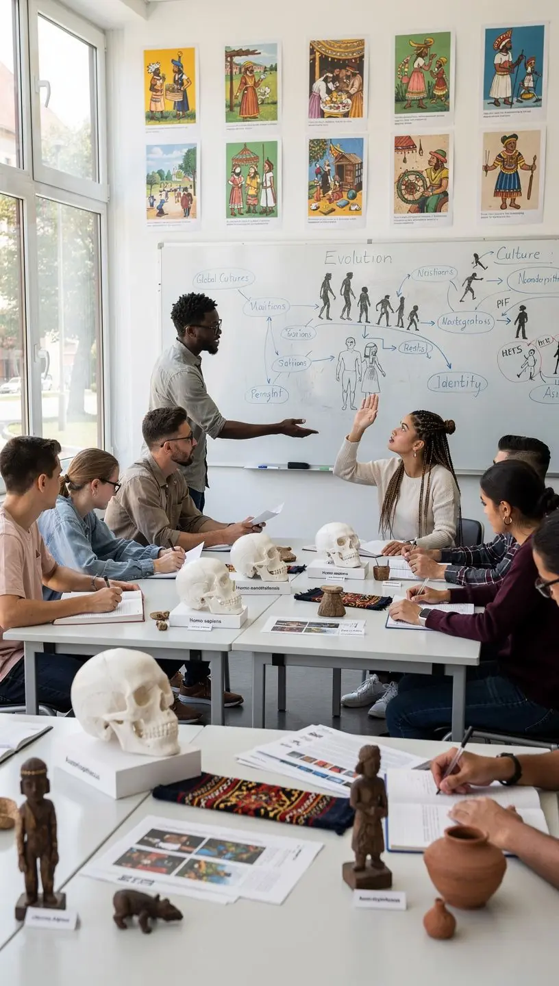 Csoportos beszélgetés antropológusok között, akik a kultúra fejlődéséről vitáznak.